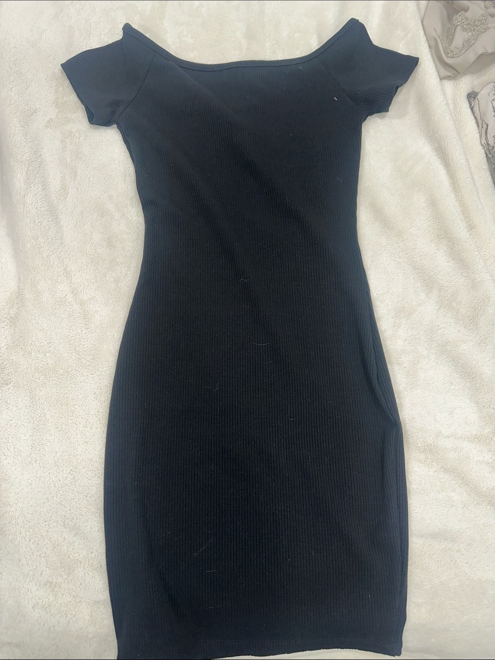 Off-Shoulder Black Ribbed Button-Front Mini Dress - Picture 3 of 3